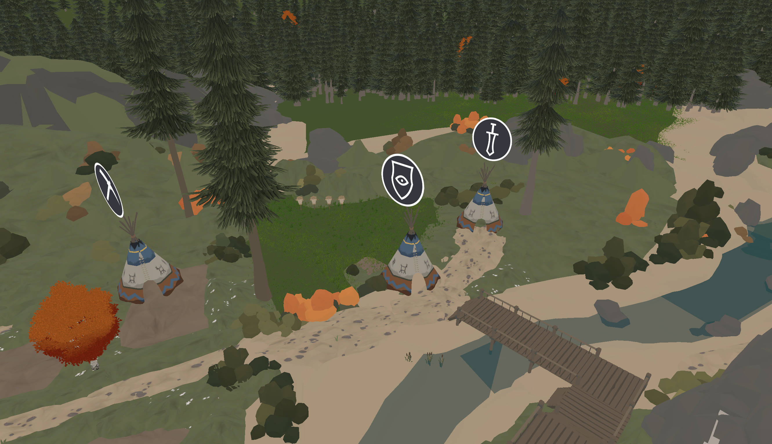 Native village with resource buildings and forest landscape