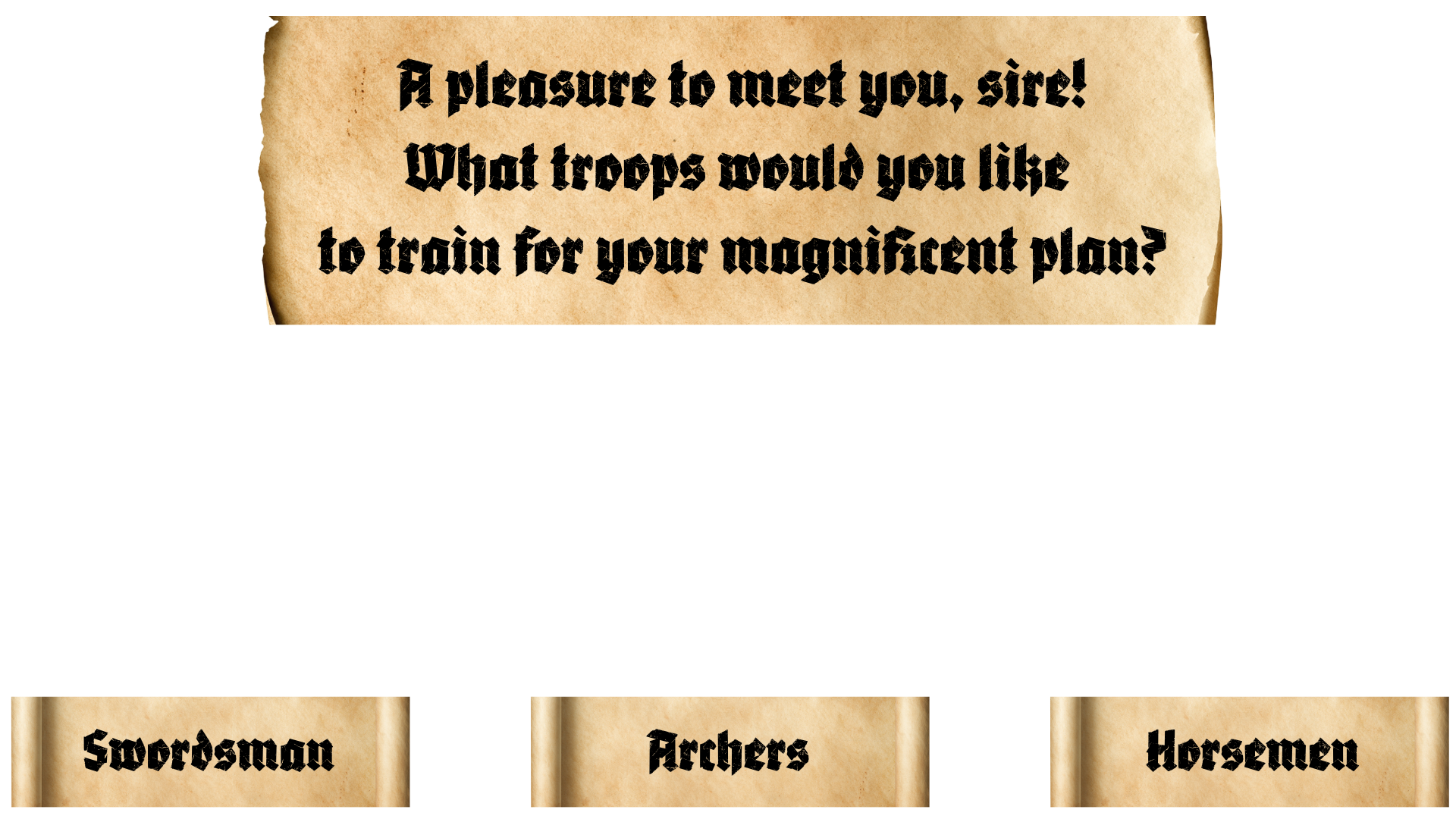 Troop training interface showing Swordsman, Archers, and Horsemen options
